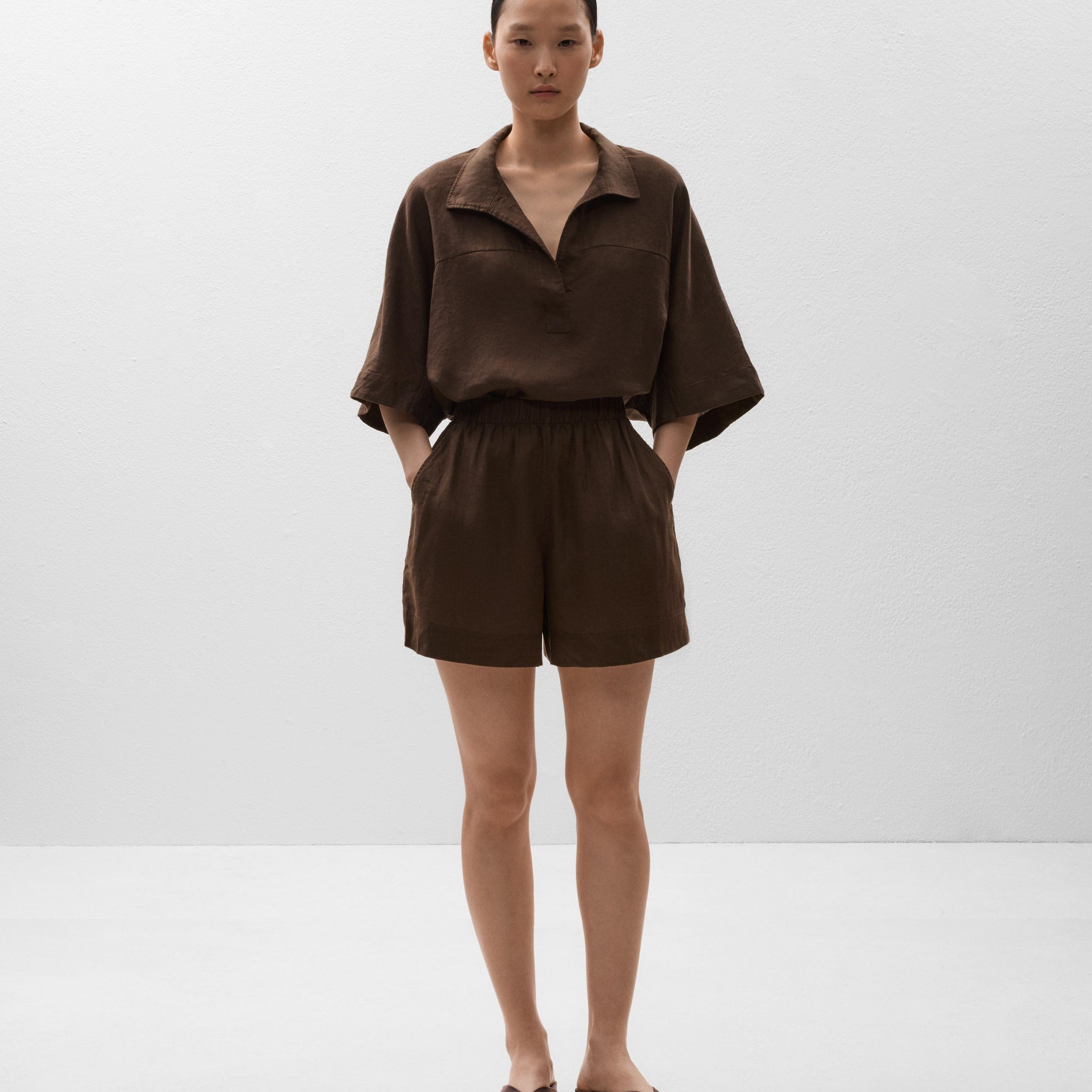 Brown Linen Short - Sleeve Shirt & Shorts Set