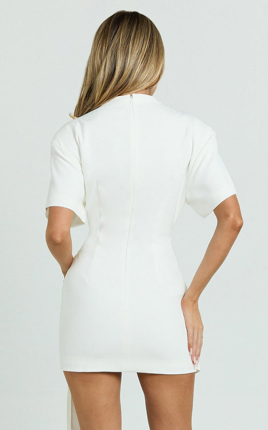 White Short - Sleeve Mini Dress with Gold Hardware Detail
