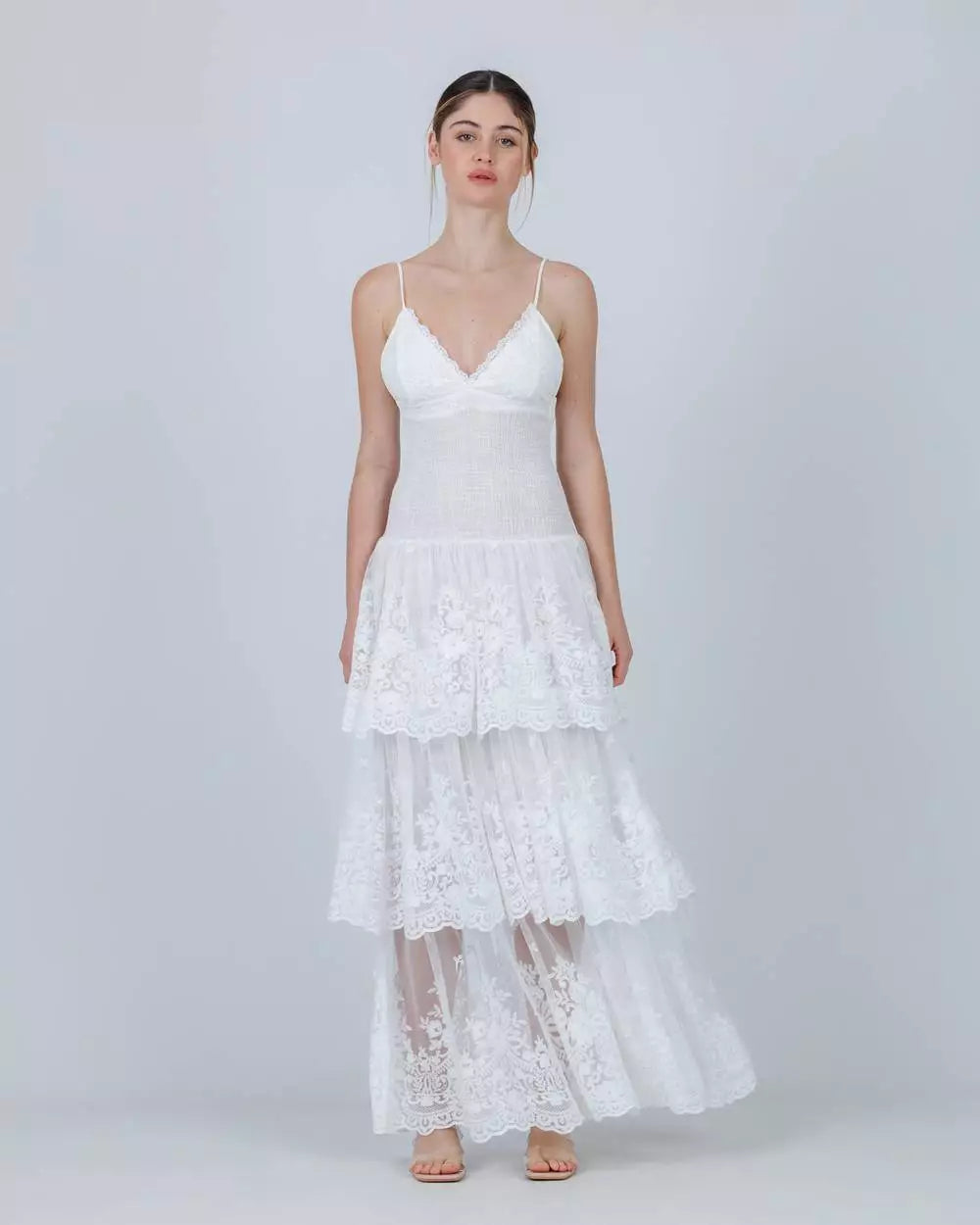 White Lace Tiered Maxi Dress