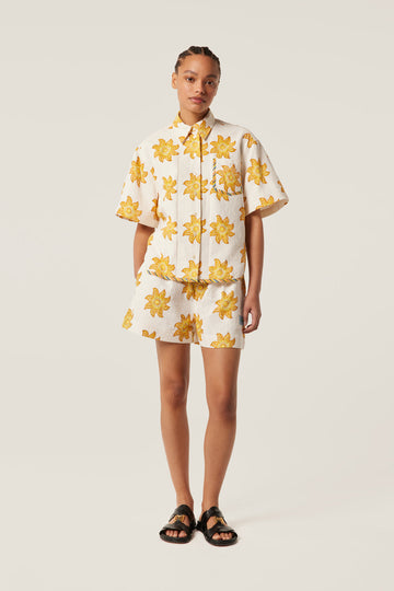 Yellow Floral Print Short - Sleeve Shirt & Shorts Set