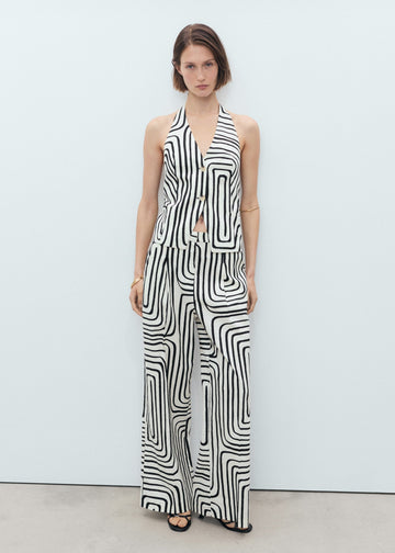 Black - White Striped Halter Top & Wide - Leg Pants Set