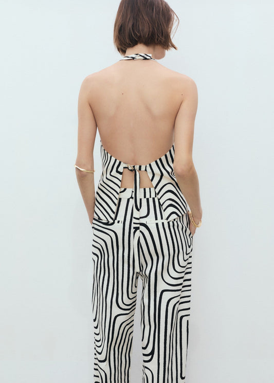 Black - White Striped Halter Top & Wide - Leg Pants Set