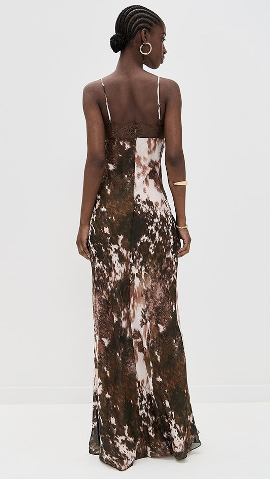Brown Floral - Print Lace - Trimmed Maxi Dress