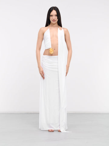 White Asymmetric Drape Halter Top & Maxi Skirt Set