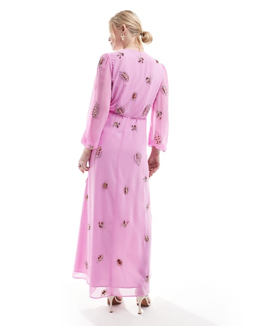 Pink Embroidered Wrap Dress with Puff Sleeves