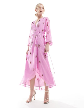 Pink Embroidered Wrap Dress with Puff Sleeves