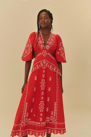 Red Embroidered Cut - Out Midi Dress