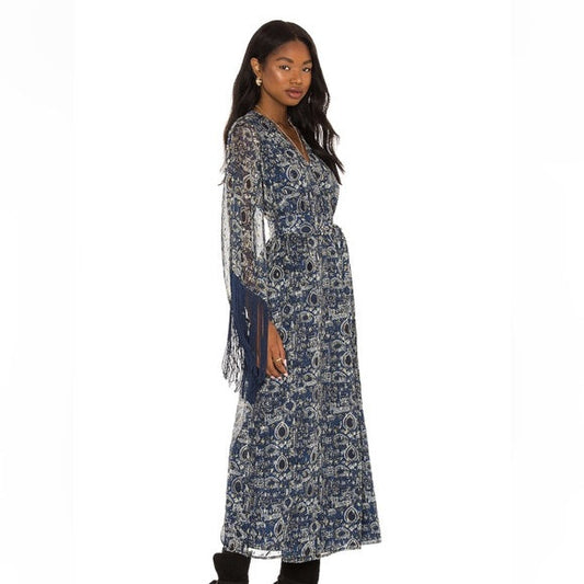Blue Printed Sheer Sleeve Maxi Dress with Slit