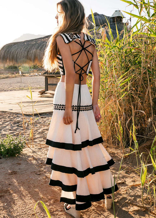 Black - White Striped Crop Top & Tiered Midi Skirt Set