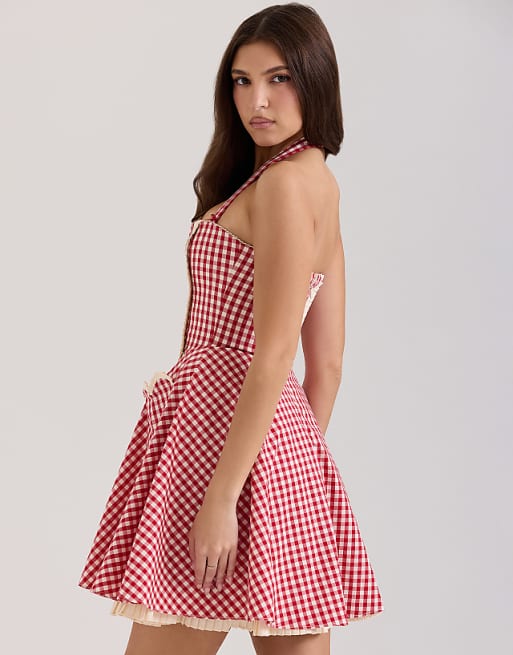 Red - White Gingham Halter Neck Mini Dress