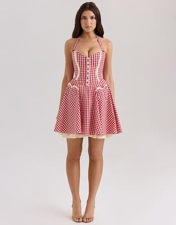 Red - White Gingham Halter Neck Mini Dress