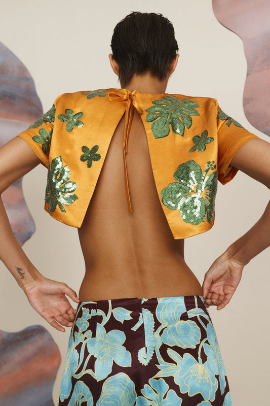 Orange Embroidered Crop Top & Floral Maxi Skirt Set