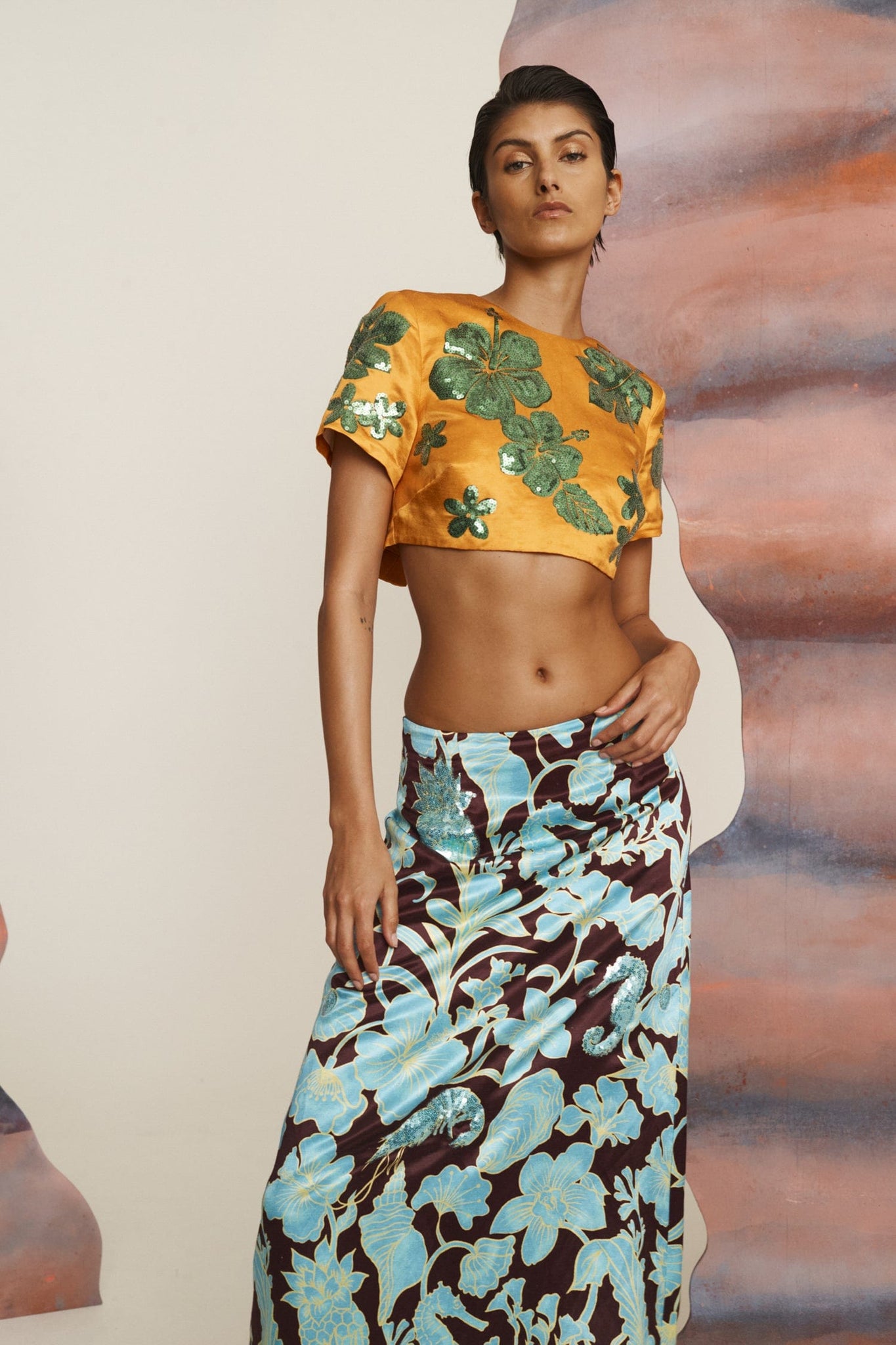 Orange Embroidered Crop Top & Floral Maxi Skirt Set