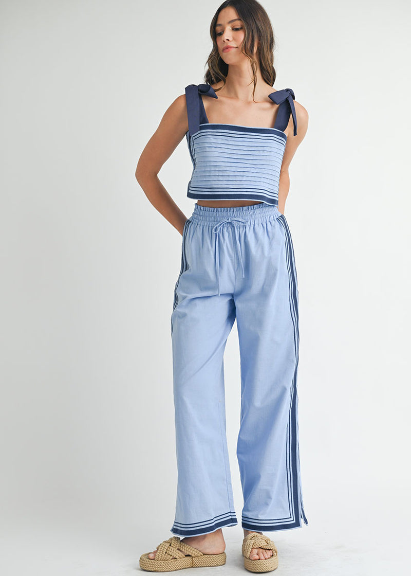 Blue Striped Sleeveless Top and Wide - Leg Pant Set