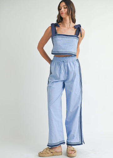Blue Striped Sleeveless Top and Wide - Leg Pant Set