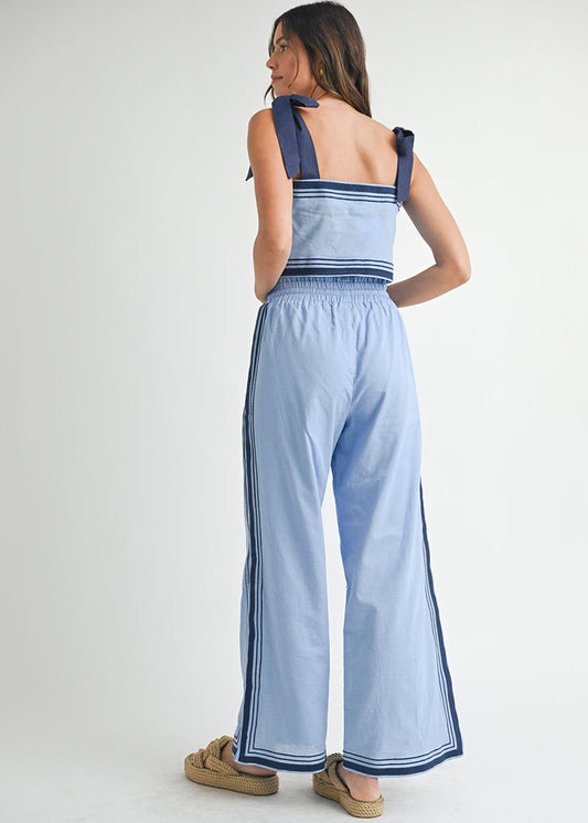 Blue Striped Sleeveless Top and Wide - Leg Pant Set