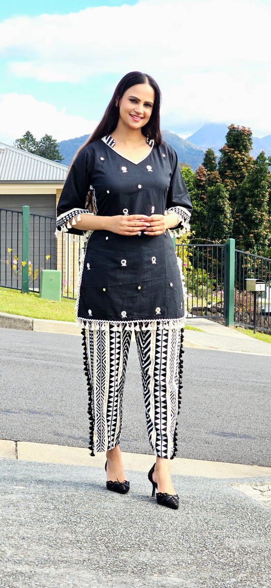 Embroidered Tunic and Patterned Trousers Set