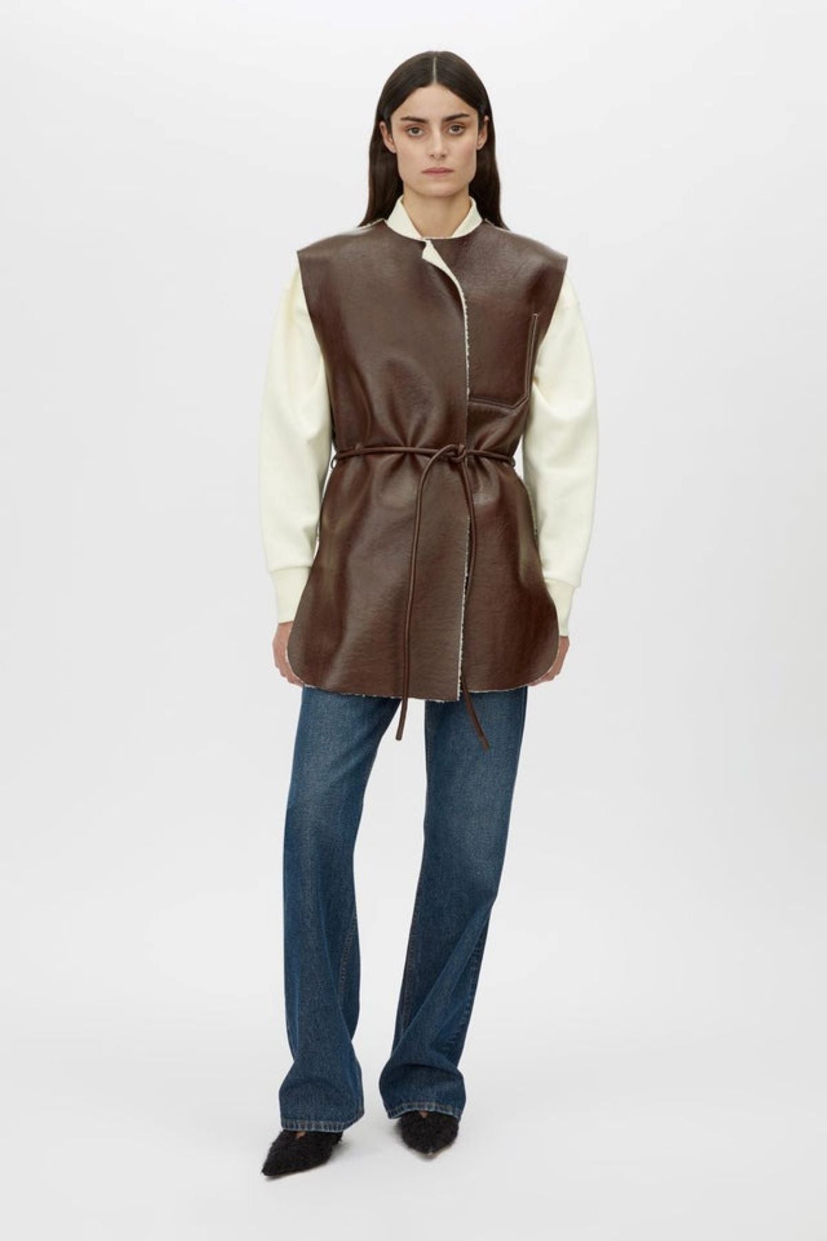 Brown Leather and Wool Trimmed Vest