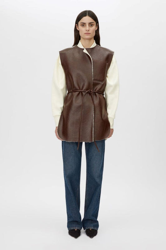 Brown Leather and Wool Trimmed Vest