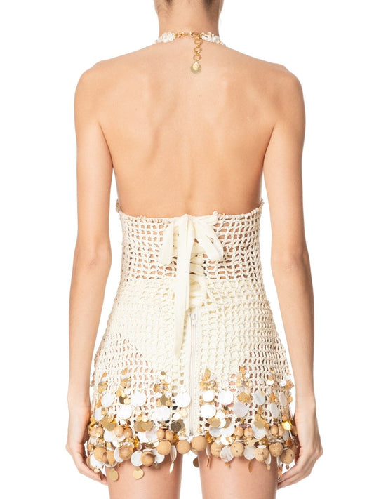 Beige Crochet Halter Neck Mini Dress with Shell Embellishments