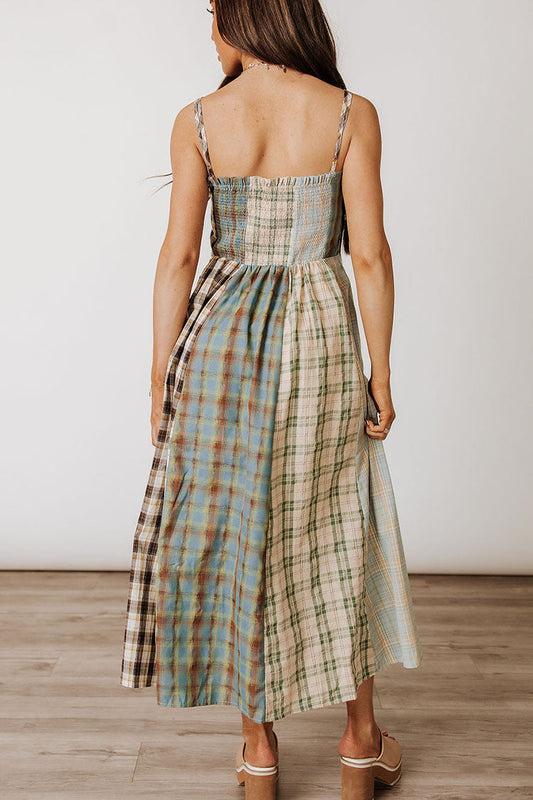 Plaid Patchwork Spaghetti Strap Midi Dress