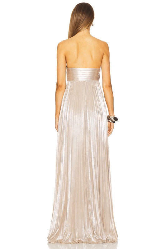 Off-the-shoulder high-slit pleated maxi skirt