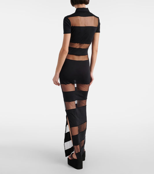 Black Mesh - Paneled Polo - style Maxi Dress