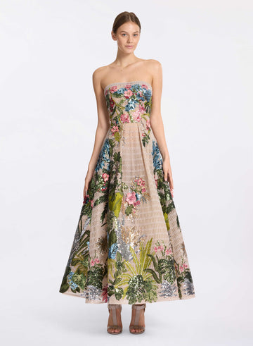 Floral Embroidered Strapless Maxi Dress