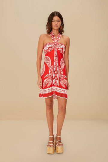 Red Halter - Neck Mini Dress with White Pattern and Fringe Detail