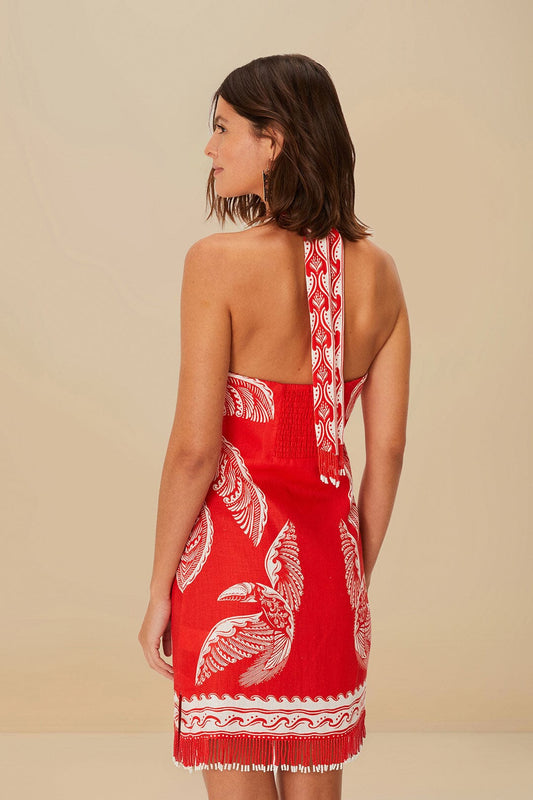 Red Halter - Neck Mini Dress with White Pattern and Fringe Detail