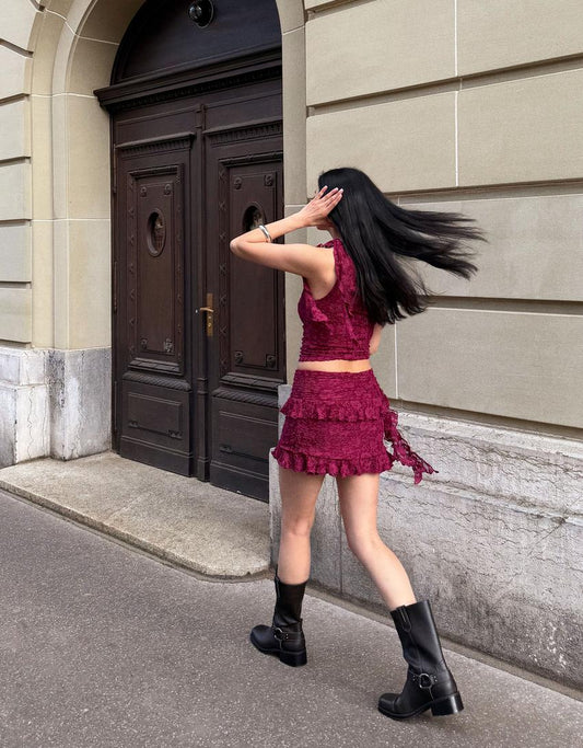 Lace One Shoulder Cropped Top and Ruffled Mini Skirt Set