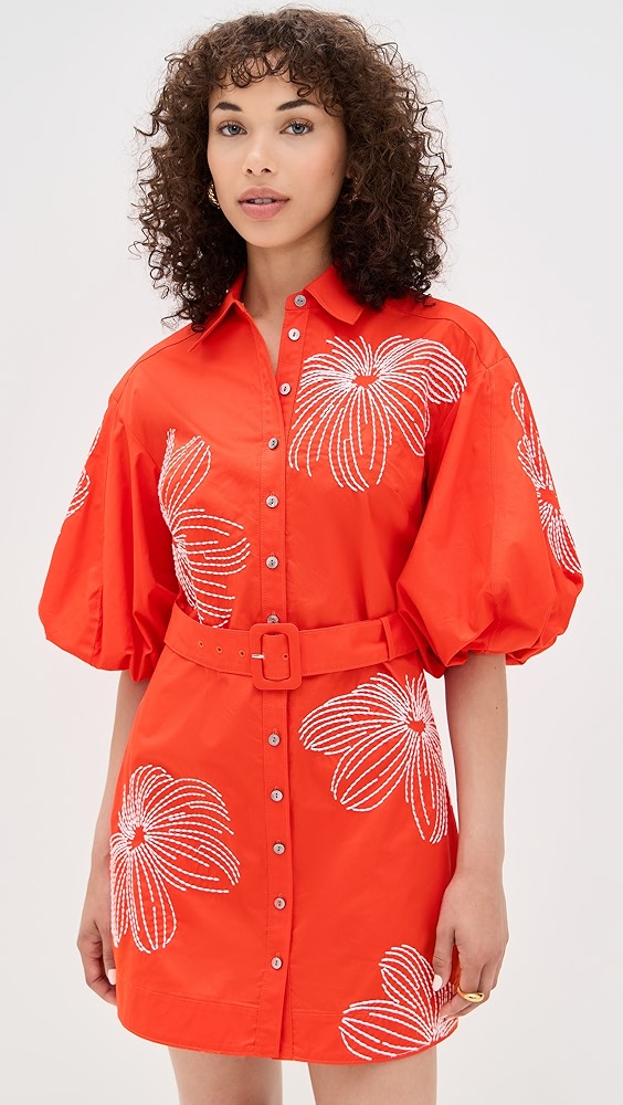 Orange Embroidered Button - down Shirt Dress