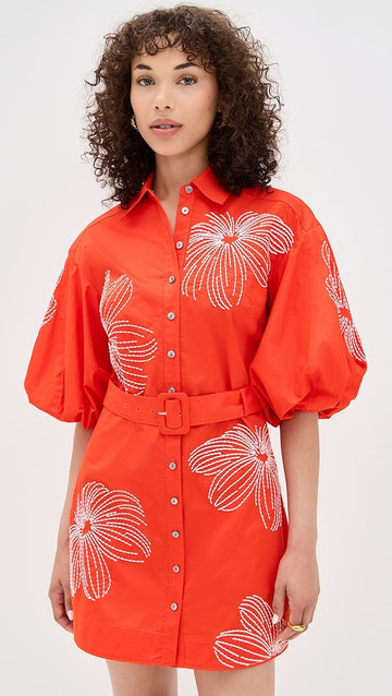 Orange Embroidered Button - down Shirt Dress