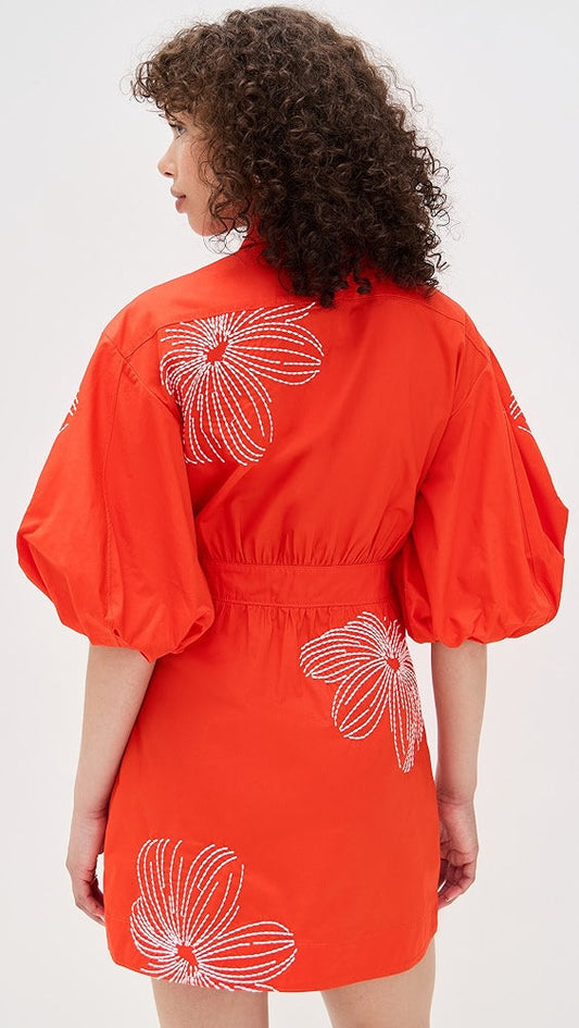 Orange Embroidered Button - down Shirt Dress