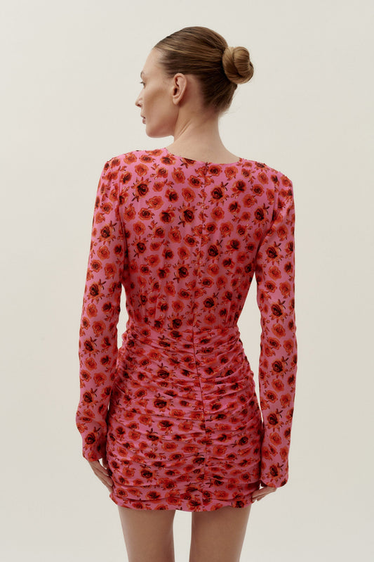 Pink Floral Print Ruched Mini Dress