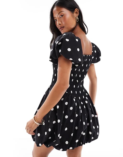 Black Polka - dot Puff - sleeve Mini Dress