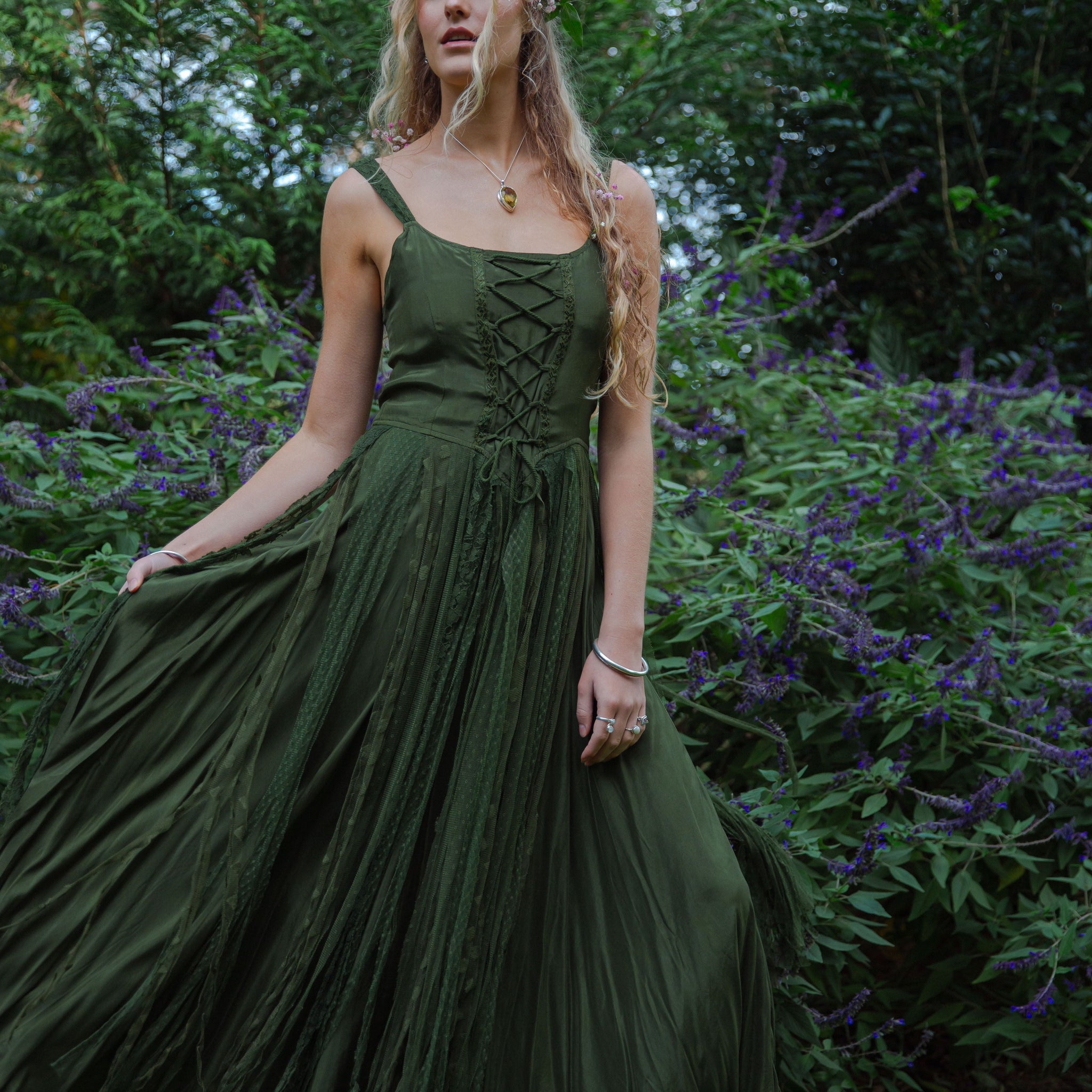 Olive Green Lace - up Corset - style Maxi Dress