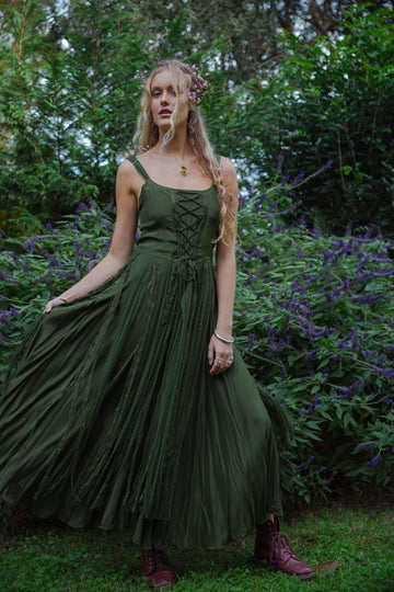 Olive Green Lace - up Corset - style Maxi Dress