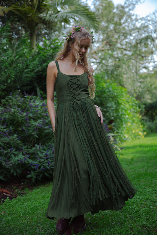 Olive Green Lace - up Corset - style Maxi Dress