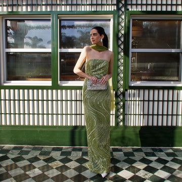 Green Strapless Sequined Gown