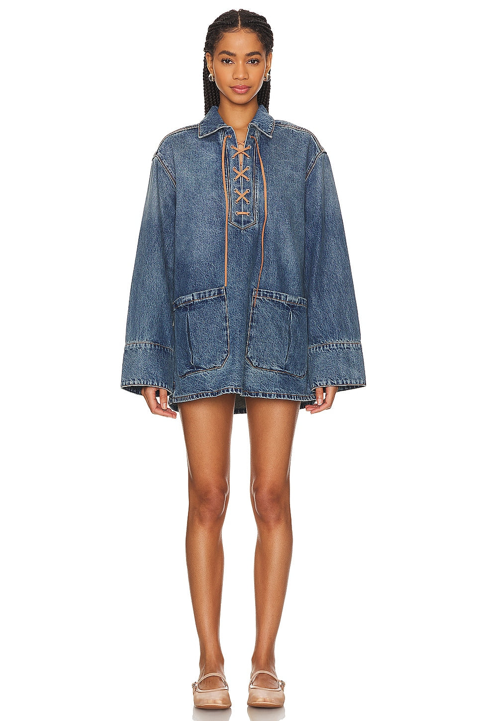 Denim Lace - Up Shirt Dress