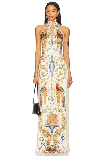 White Halter Neck Maxi Dress with Exotic Print
