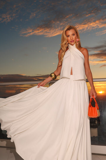 White Halter Neck Crop Top and Maxi Skirt Set