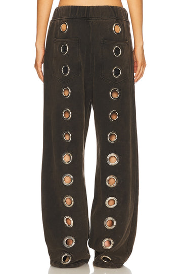 Dark Brown Wide-Leg Pants with Metal Eyelet Decorations