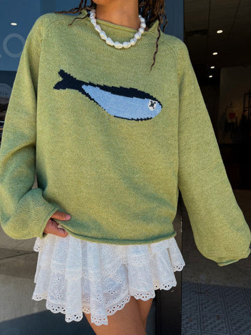 Green Knit Sweater with Fish Sweater