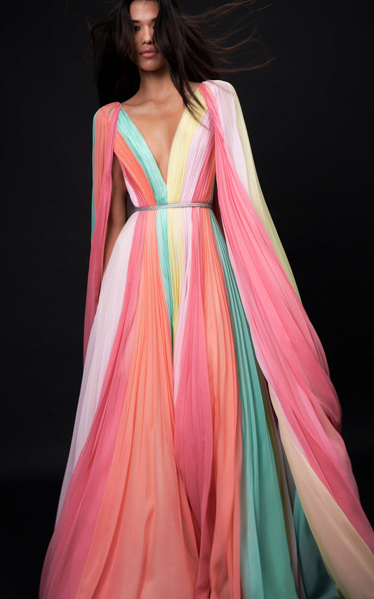 Rainbow Striped Cape Sleeve Gown