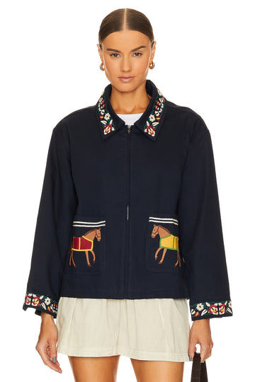 Navy Blue Embroidered Jacket with Horse Motifs