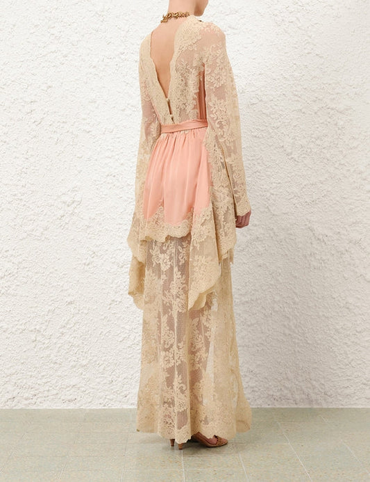 Long-sleeved asymmetrical lace dress