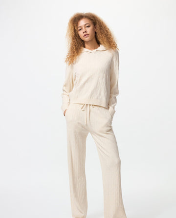 Cream - Colored Knit Hoodie and Pant Set
