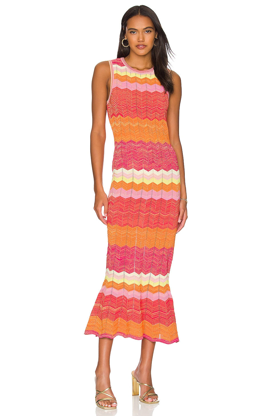 Sleeveless Chevron - Patterned Midi Dress